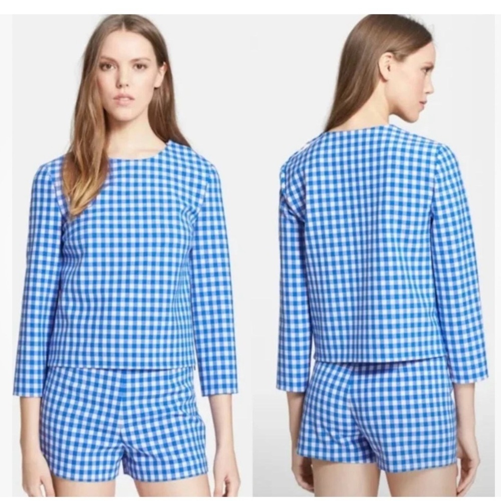 Diane Von Furstenberg Blue White Gingham Check Long Sleeve Top Size 8 EUC